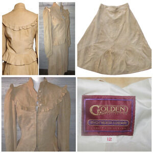 Vtg 70's PIONEER WEAR fit 8 Tan Suede Leather Ruffle Jacket & Skirt Western Boho